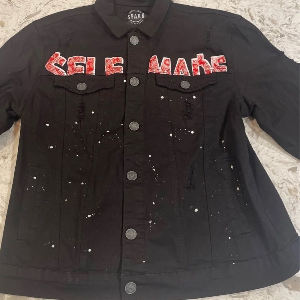 Spark Grunge Black Denim Jacket Punk “Self Made” Mens Acid Splat Paint